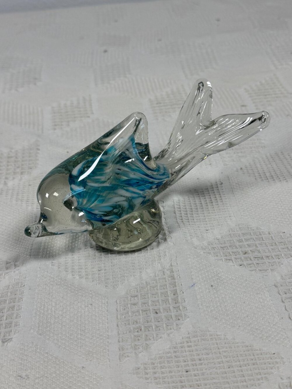 Handcrafted Glass Fish Figurine Blue and White Swirls Murano Style Glass Figure